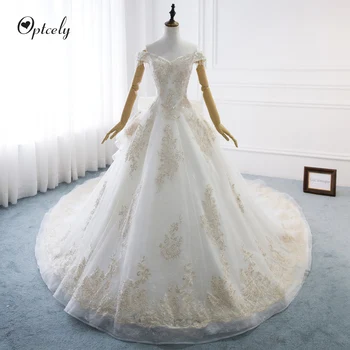 

Optcely Champagne Appliques Beaded Off-the-shoulder Lace Up Big Bow A-Line Wedding Dress 2019 Sequin 1.5m Long Train Bridal Gown