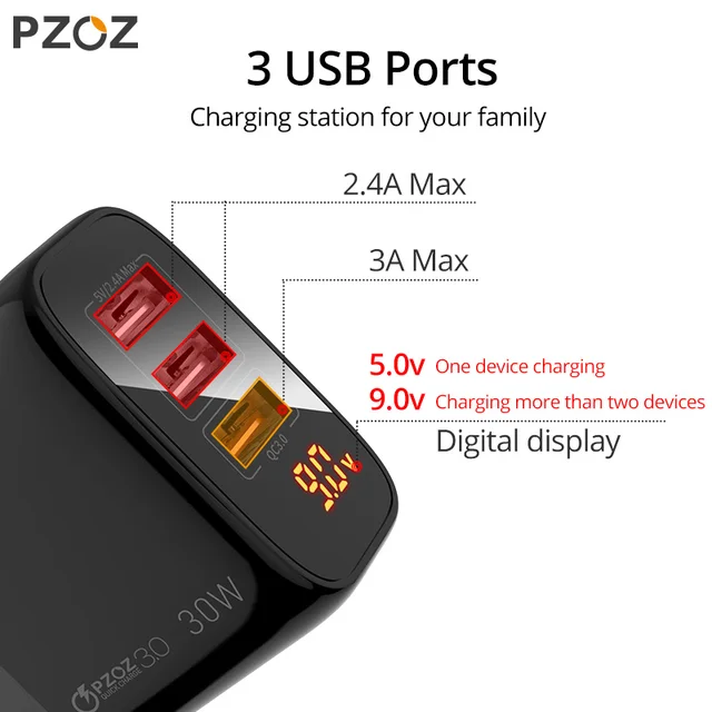 PZOZ USB Charger 30W Fast Charging PD 18W Quick Charge LED Display For iphone 12 pro max 11 8 Samsung xiaomi redmi usb c charger 2