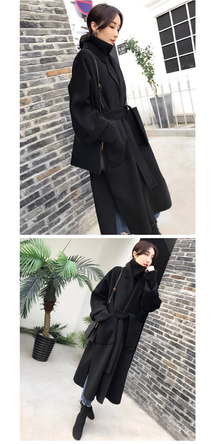Woolen Coat Women's Long Autumn Winter New Korean Loose Fashion Solid Color Pocket Lace Up Women's Plus Size Coat