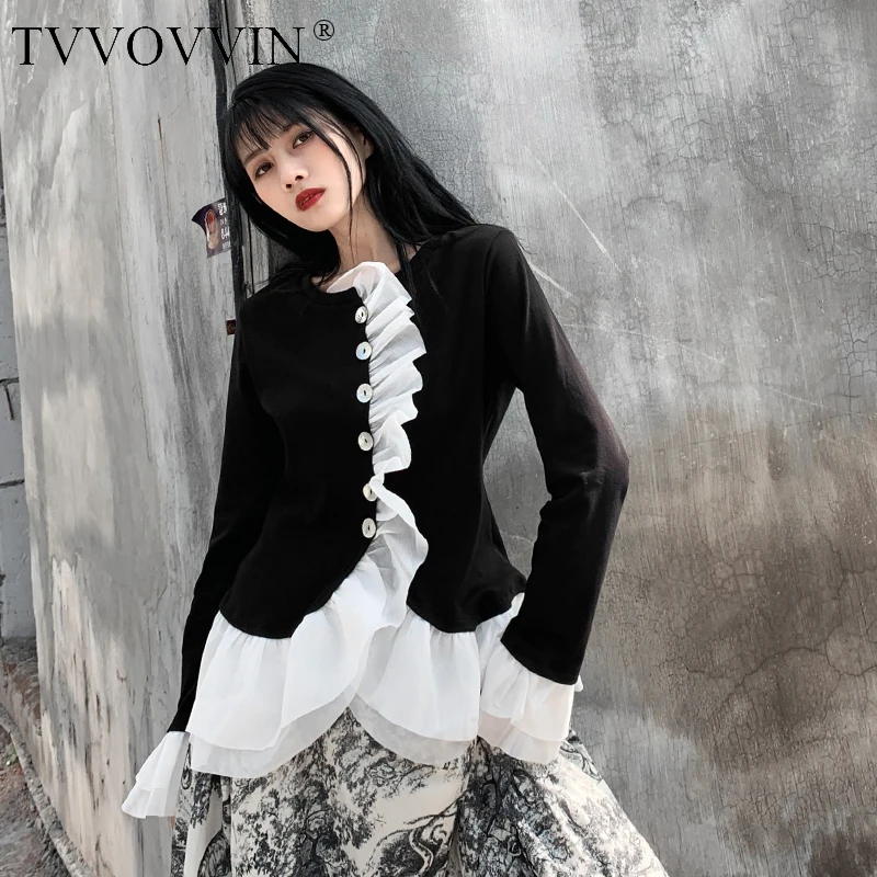 

TVVOVVIN 2020 New Spring O-neck Single Breasted Splice Mesh Flare Sleeve Tops Women Court Style Slim Student Cardigan Tide PD814