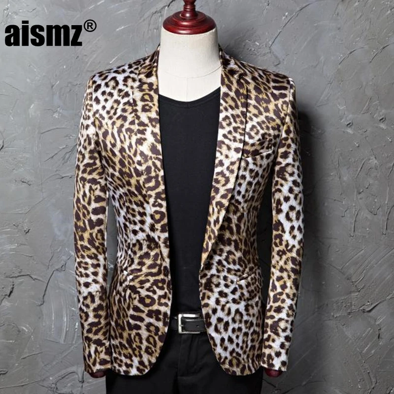 Бренд Aismz, M-5XL, модный мужской блейзер для досуга с леопардовым принтом, Мужской приталенный костюм, куртки для мужчин, костюм певицы - Цвет: 2