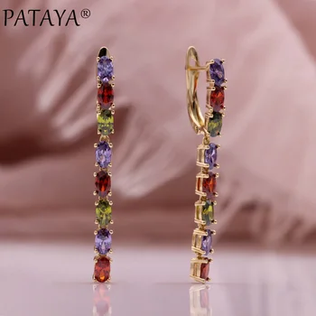 PATAYA New Colorful Natural Zircon Tassel Earrings For Women 585 Rose Gold Rainbow Long Drop Earrings Wedding Fashion Jewelry