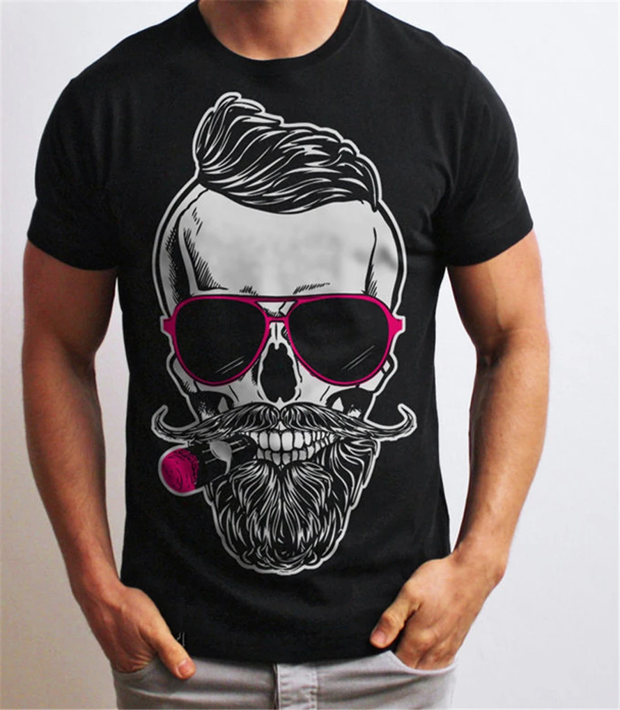 Cool Men's Fashion Cigar Skull Design T-Shirt Short Sleeve O-neck Tops Hipster