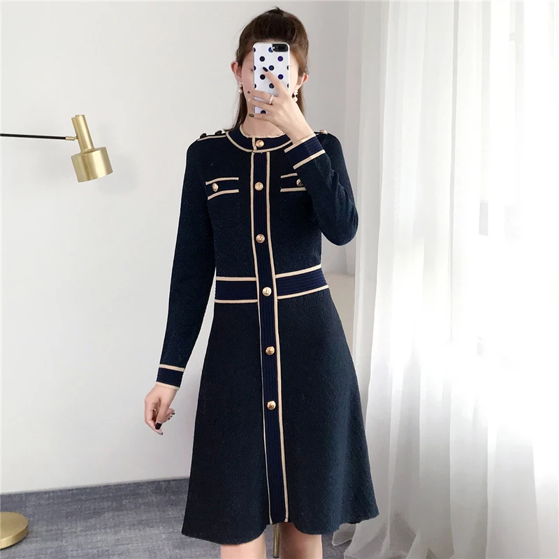 

Women Dress Knitted Lurex Striped Vestido Button Elegant Bodycon Robe Runway Slim Long Sleeve Pullovers Navy Blue High Version