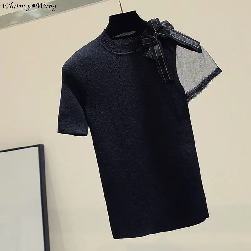 

WHITNEY WANG 2019 Summer Fashion Streetwear Mesh Sleeve Patchwork Bow Sweater Women Jumper Pull femme sueter mujer invierno