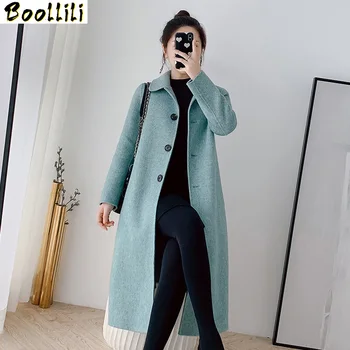 

Boollili Wool Coat Female Long Jacket Double-faced Cashmere Elegant Ladies Coats Overcoat Women Autumn Herringbone