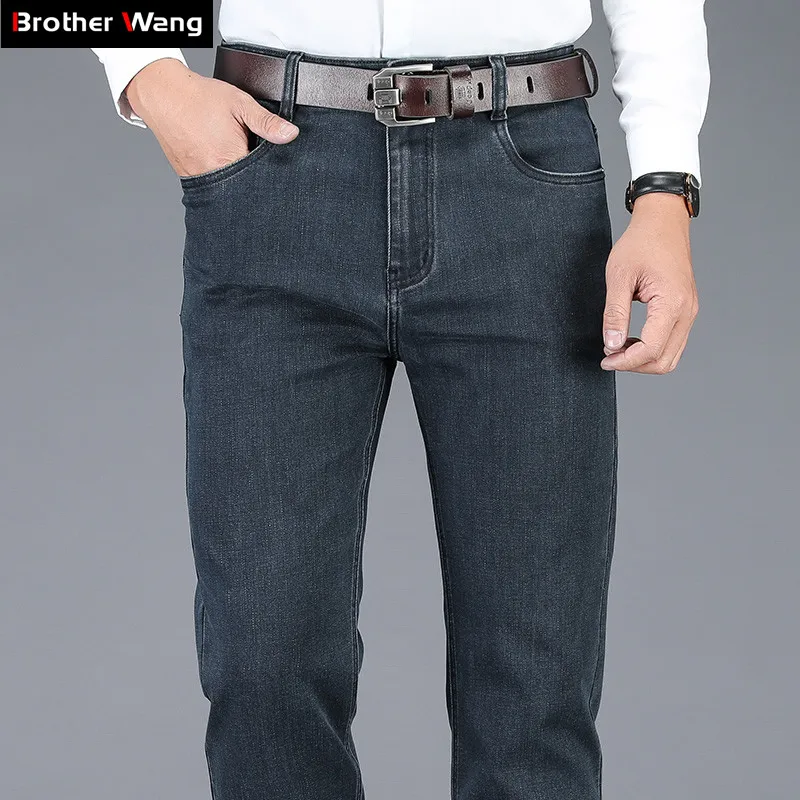 2019 New Autumn Winter Men's Stretch Jeans Business Casual Classic Style Trousers Black Gray Straight Denim Pants Male Brand