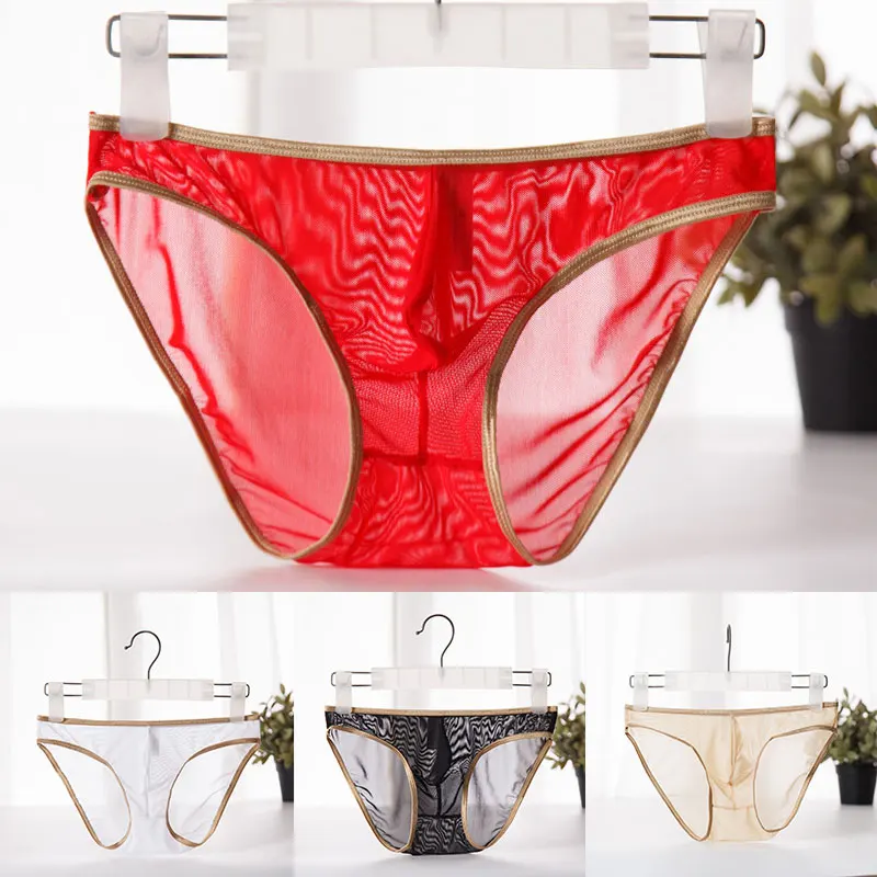 boxers and briefs Men's Sexy See-through Silk Briefs Mesh Sheer Pouch Stretchy Seamless Panties Thongs Underwear Black Green Pink Red White briefs for men