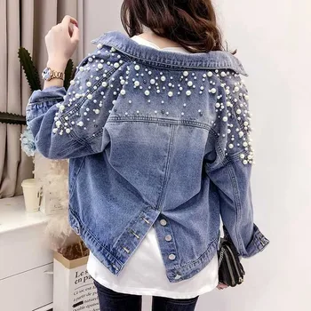 

NiceMix Korean Heavy Work Student Denim Jackets Autumn Loose Wild Beading Split Jacket Preppy Style Metal Buckle Coat pearl top