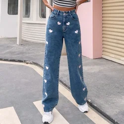 Calças de brim de cintura alta feminina casual padrão solto em linha reta esfregando jeans mujer pour femmes calças jeans