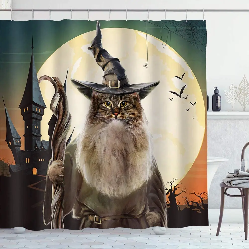 

Кошка-волшебник с полнолунной ужасной вечевечерние на Хэллоуин водонепроницаемый тканевый Декор для ванной комнаты
