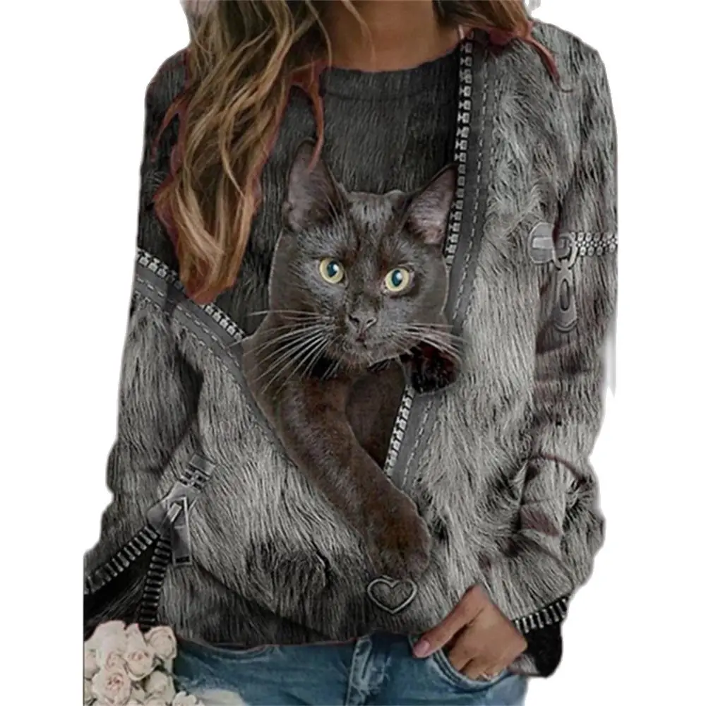 Ladies 3D Cartoon Cat Print T Shirt Women O-Neck Long Sleeve Loose T Shirts New Spring Casual Oversized Tops 2022