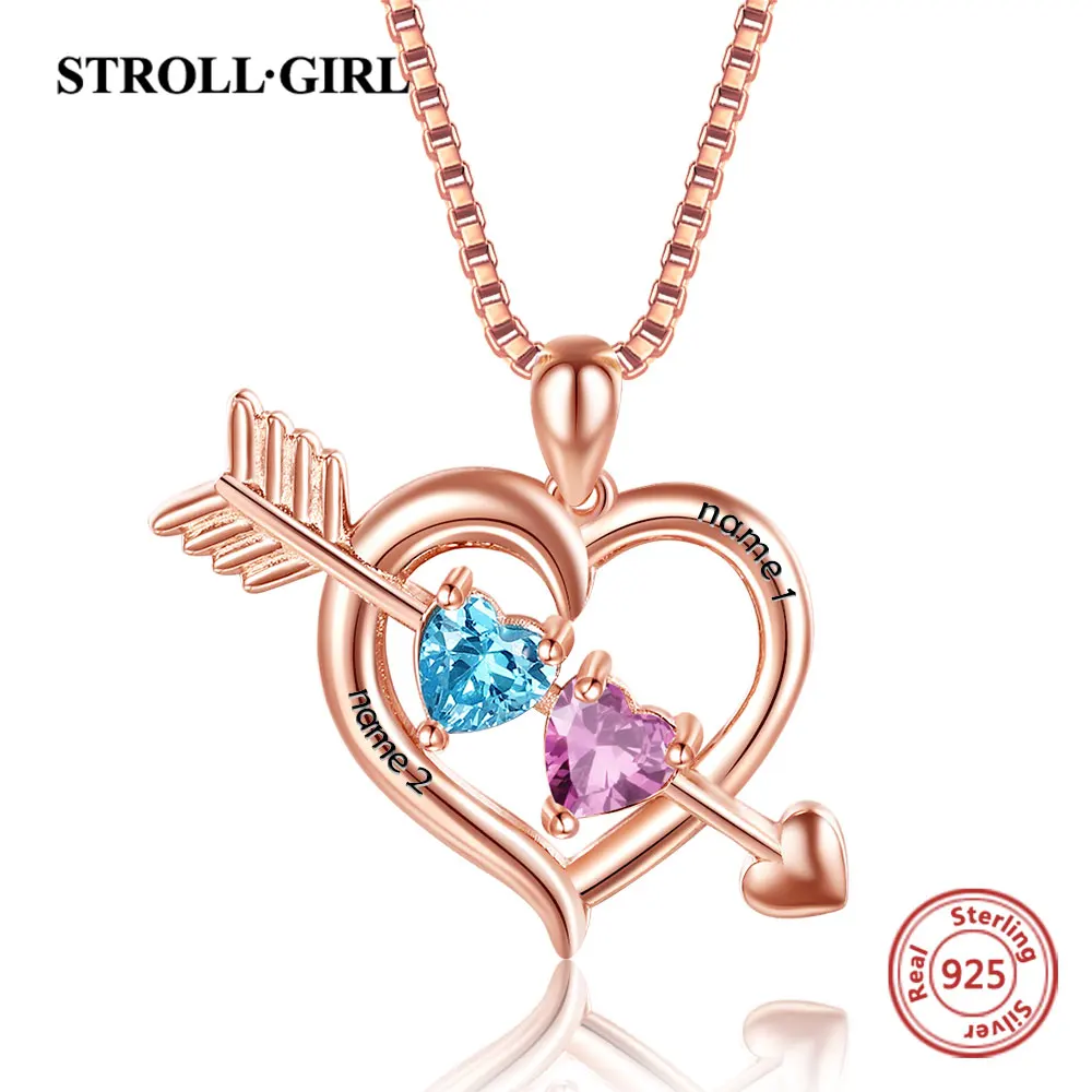 

Strollgirl 925 Sterling Silver Personalized Two Heart Necklace Customized Birthstones Names Pendant Chain for Women Jewelry Gift