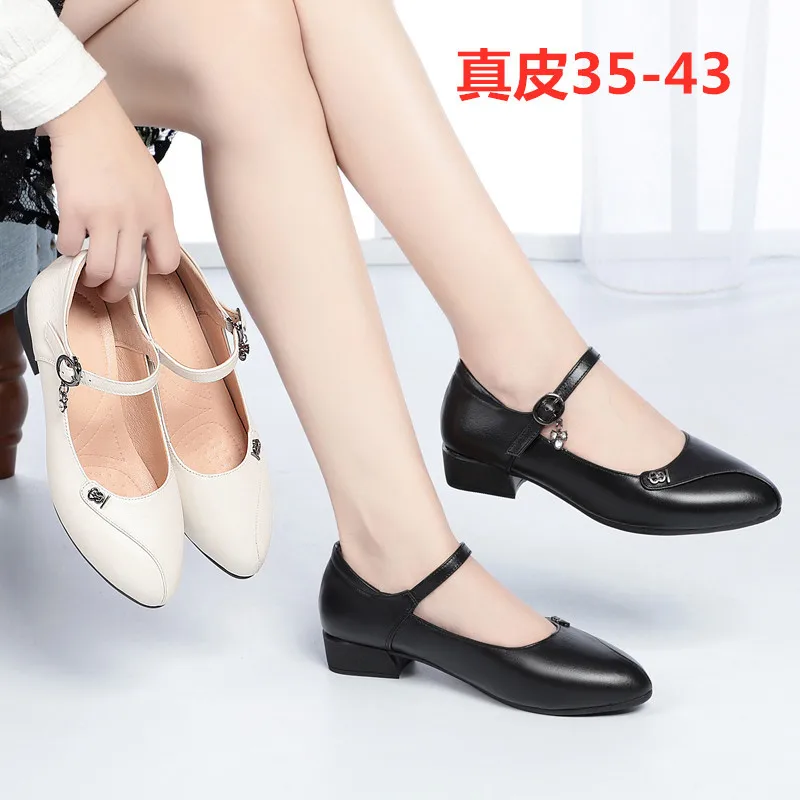 

20 Spring New Style Genuine Leather Women's Singles Leather Shoes Semi-high Heeled Exquisite Man-made Diamond Workplace OL Work