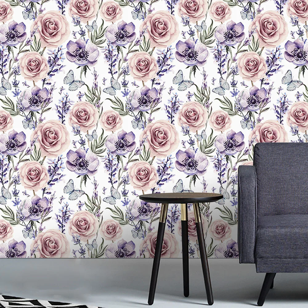

Lavender Rose Background Wallpaper PVC Flower wall decals Removable Self-Adhesive Sticker Modern Home Waterproof Wall Mural