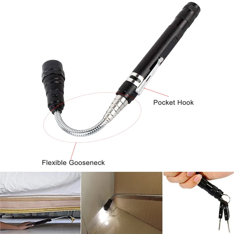 Flexible Magnetized Head Portable mini flashlight Pickup tool  Telescopic 360 Degree 3 LED lamp  Outdoor Torch camp Lamp Light