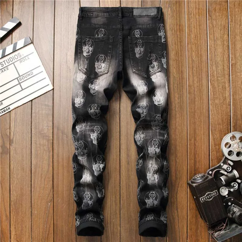 Skull Printed Jeans Pants Mens Hip Hop Streetwear Denim Trousers Washed Stretch Pants Male  (4)