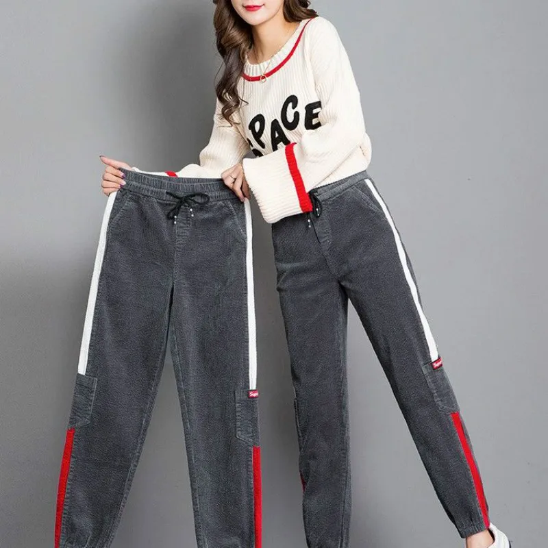 2021 Women's Corduroy Pants Fleece Autumn Winter Straight Pants Retro Casual Loose Track Pants Patchwork Ankle Banded Trousers