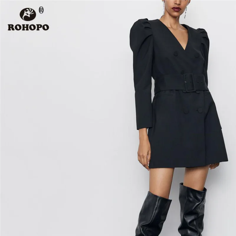 

ROHOPO Solid Black Waistband Long Sleeve Autumn Windbreaker Dress Buttons Fly V Collar Side Pockets Closure Mini Chic Robe #3005