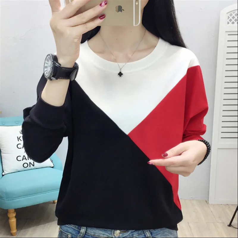 

2019 Women Autumn T Shirt New Fashion Cotton T-shirts Long Sleeve O Neck Patchwork Tshirts Casual Plus Size M-3XL Tee Tops