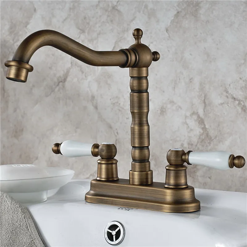 

Antique Brass 4" Centerset Bathroom Two Holes Basin Faucet Sink Mixer Tap Swivel Spout Double Ceramic Levers mnf427