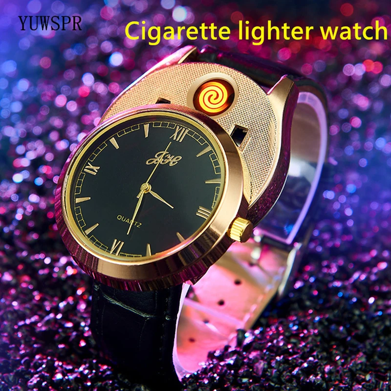 Lighter watches USB Rechargeable Flameless Cigarette Lighter fashion leather strap quartz clock male gift JH313 1pcs afbeelding