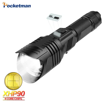 

Most powerful dual lens XHP90 LED flashlight zoomable tactical LCD display torch using large capacity 26650 battery for fun