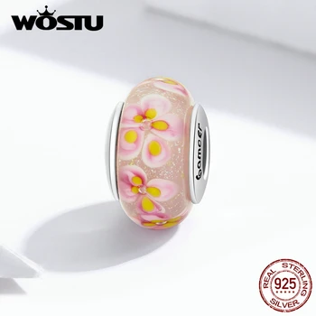 

WOSTU Gorgeous Flowers Glass Beads 925 Sterling Silver Round Pink Charms Fit Original Bracelet Pendant For Women Jewelry FNC195