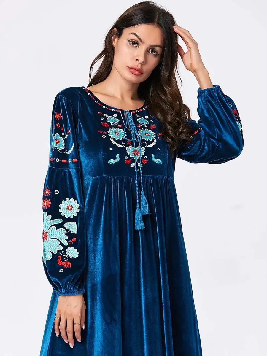 Модное женское бархатное теплое мусульманское платье abaya длинное платье с вышивкой исламские Макси-платья Дубай jilбаб с круглым вырезом платье одежда