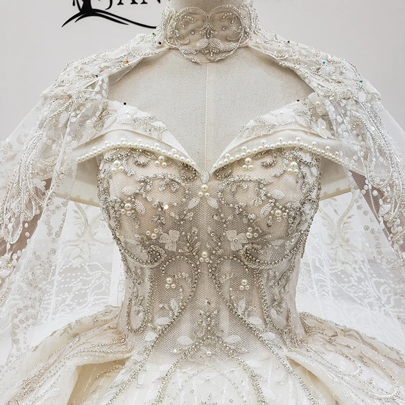 HTL1961 Elegant Shawl Yarn Sequin Crystal Pearls Wedding Dress 2020 V-Neck Short Sleeve Lace Up Back 4