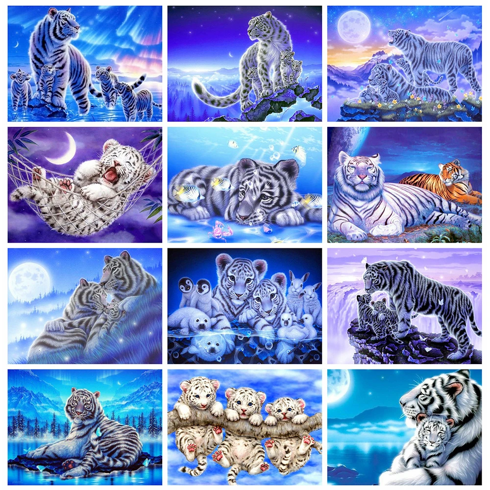 5D Diamond Painting DIY Embroidery Full Drill Art Purple Tigers Colorful Decor 
