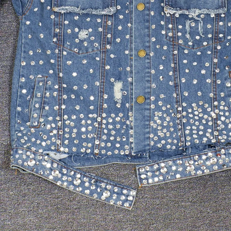 New  Women Sequins Denim Jacket Ripped Basic Jacket Hip Pop Design Long Sleeves Coats Rhinestone Streetw