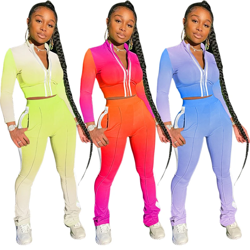 

2020 Stripe Patchwork Changing Color Women Two Piece Set Long Sleeve Zipper Jacket Crop Top Pencil Pants Casual Suit Outfits