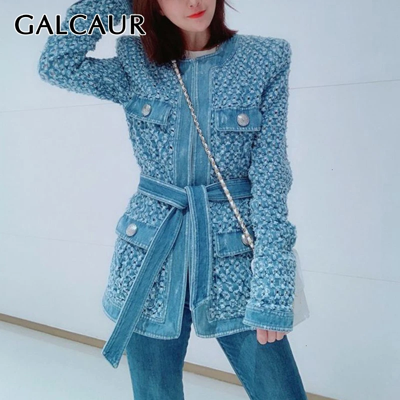 incredible  GALCAUR Streetwear Hollow Out Denim Jacket For Women O Neck Long Sleeve Lace Up Pocket Coats Female