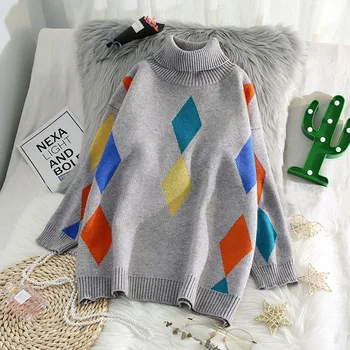 

turtleneck plaid knitted women sweaters thicken warm winter new all match lady pulls outwear coat tops