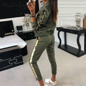 

Casual Tracksuit Women 2 Piece Set Autumn Sexy Two Piece Set Top And Pants Outfits Tracksuit Women Sequins Black Sportswear Suit