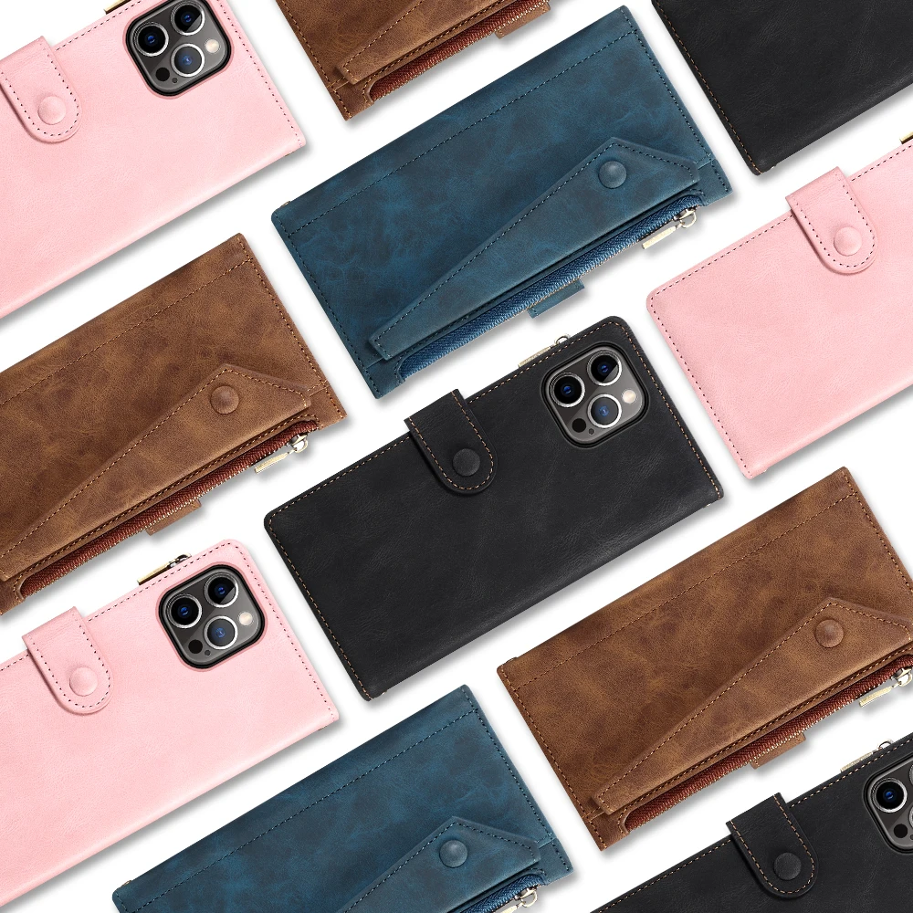 Wallet Flip Leather Case For iPhone 14 Pro Max Case for Apple 14 Plus With Free Rope Card Slot Luxury Zipper Protective Cover