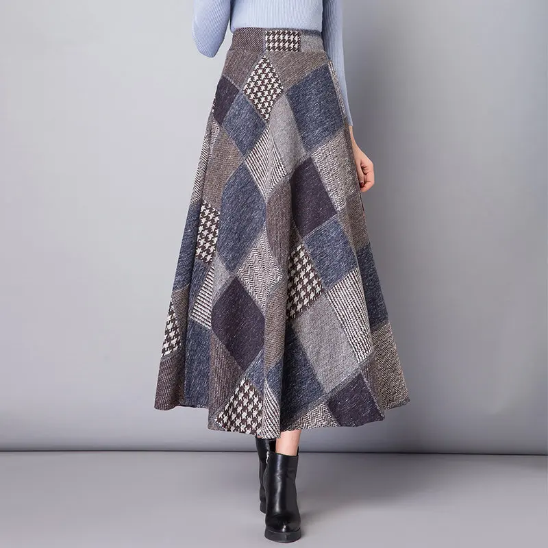 

Winter Winter Plaid Woolen Skirt Long Female Thick Umbrella Big Swing High Waist Mujer Long Warm A-Line Casual Skirts MZ3320