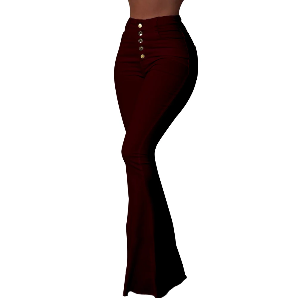 Summer Womens High Waist Trousers Flared Pants Bell Bottoms Long Pants White Black Wine red
