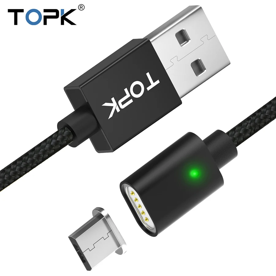 TOPK F-Line1 Магнитный Micro USB кабель со светодиодным индикатором обновленный нейлоновый плетеный кабель для синхронизации данных USB зарядный кабель для Micro USB порта