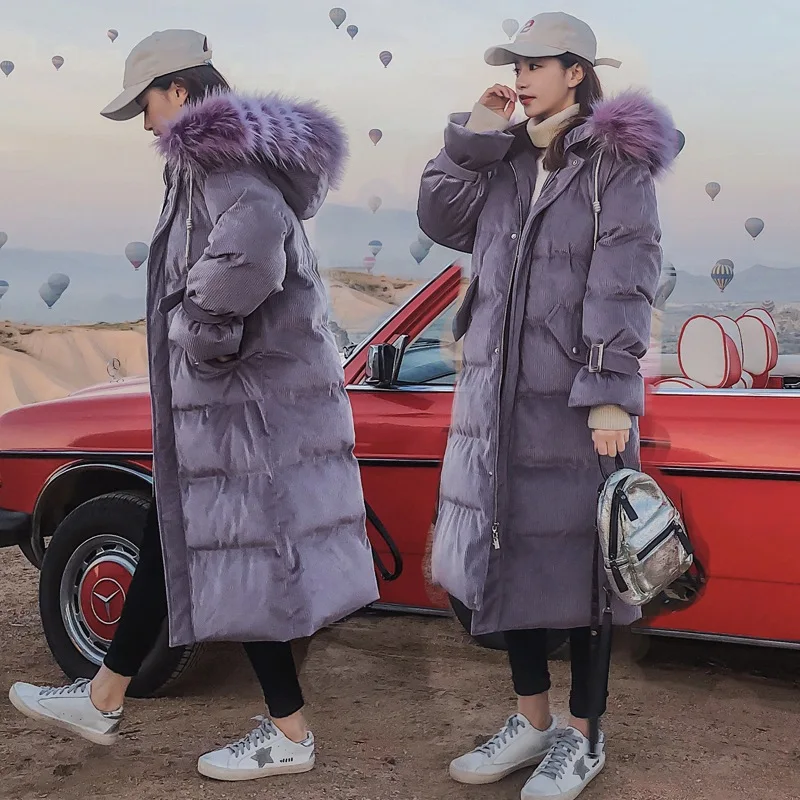 

Photo Shoot Main Push CHIC Sweet Mixed Colors Large Fur Collar Hooded down Coat Printed Article Velvet Long Cotton Overcoat Wome