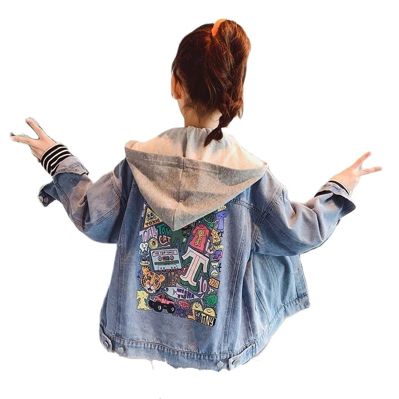 

Korean Style Spring Autumn Teenage Big Girls Denim Jackets Kids Children Outerwear Hooded Jeans Coat Tops Teen Clothes 12 13 14Y