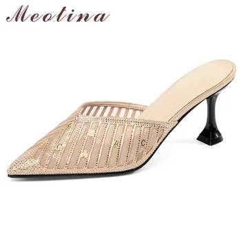 

Meotina Pumps Women Rhinestone High Heel Mules Shoes Pointed Toe Stiletto Heels Cutouts Footwear Ladies Summer Sliver Size 40