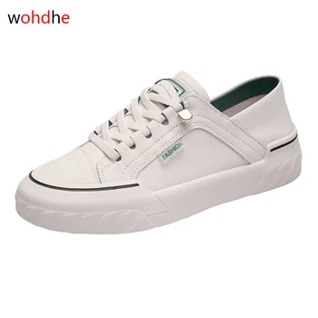 

wohdhe Casual PU Leather White Women Shoes Vulcanized shoes Lace Up Flat Non-slip Round Toe Trainers Fashion