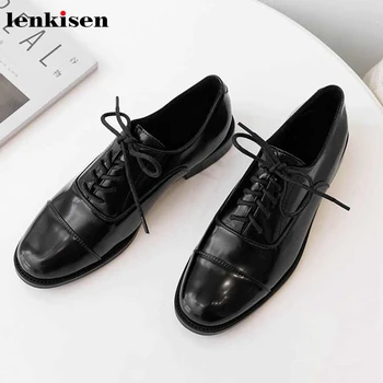 

Lenkisen round toe genuine leather low heels classic British school lace up neutral leisure comfortable autumn women pumps L12