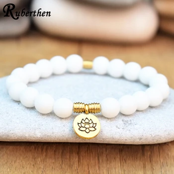 

Ruberthen 2019 New Design Yoga Bracelet White Shell Bead Mala Lotus Charm Bracelet Handmade Yoga Spiritual Bracelet