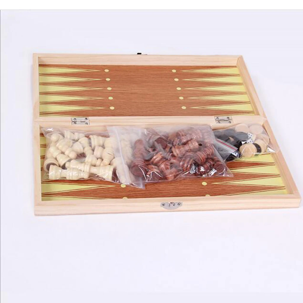 Folding 9.4 Inch Wooden 3-in-1 Chess, Checkers and Backgammon Game Set, Ideal Birthday Gift for Kids Teens Boys & Girls