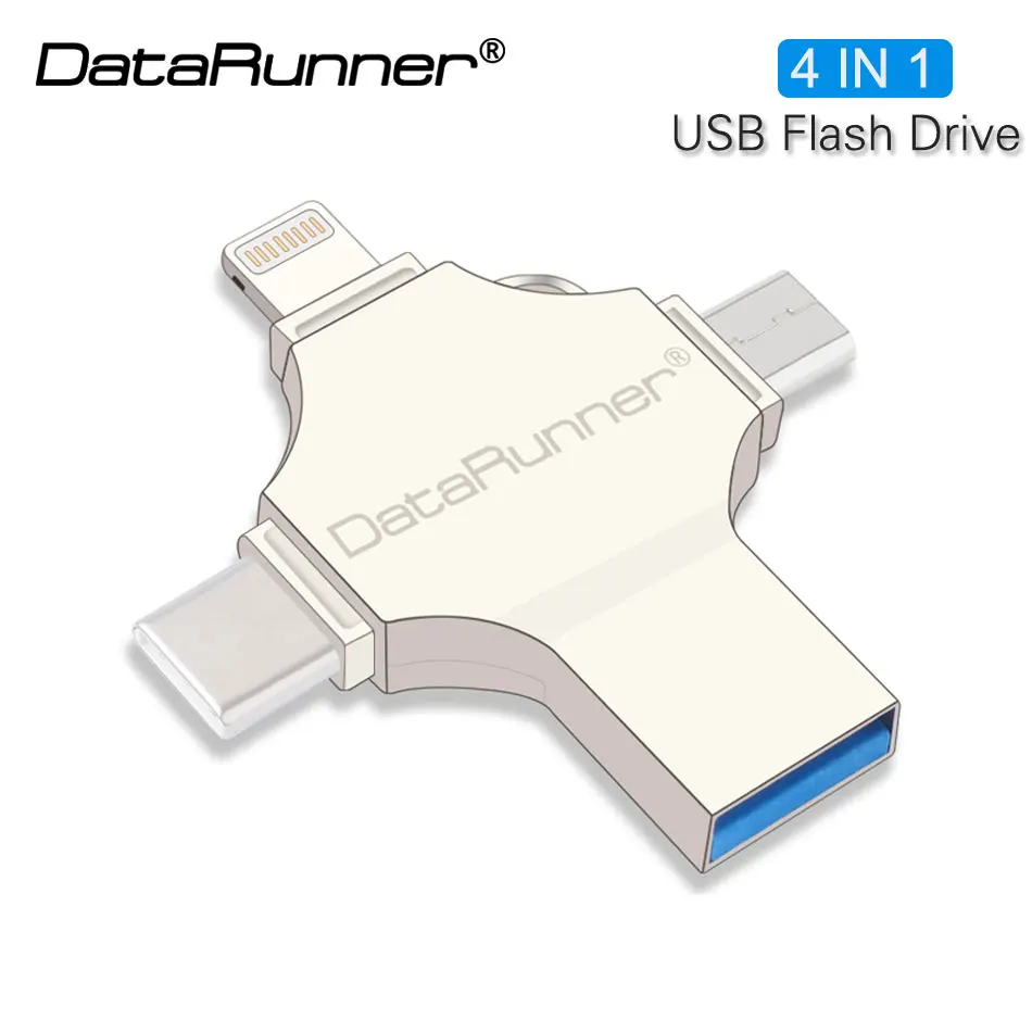 Горячая DataRunner OTG USB флеш-накопитель для iPhone/type C/Android/PC 16 ГБ 32 ГБ 64 ГБ 128 ГБ флэш-диск 4 в 1 флешка