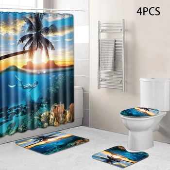 

3pcs/4pcs Bathroom Set Shower Curtain+ Toilet Seat Cover+ Bath Mat+Non-Slip Rug High Quality Decor