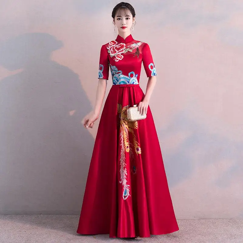 Red Bride Embroidery Cheongsam Long Party Dress Elegant Chinese Style Women Wedding Qipao Luxury Ball Gown Vestido S-XXL - Цвет: Style - 5